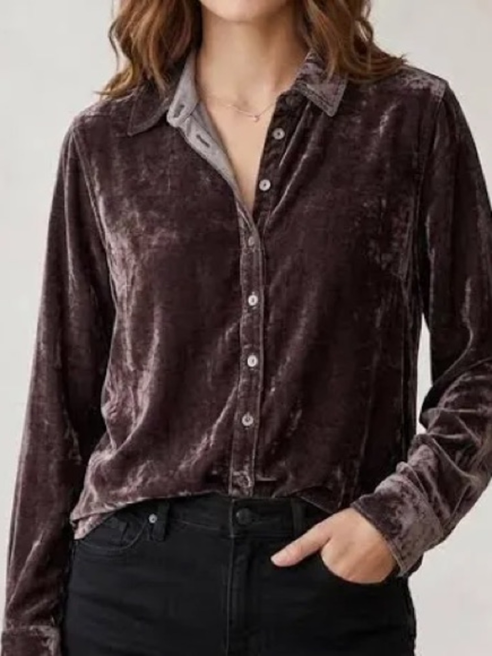 J.Jill Medium Brown Velvet Button Down Business Casual Silk Blend Classic Blouse